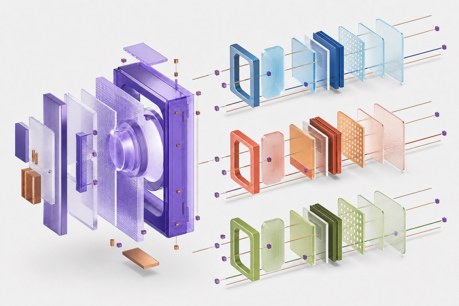 One component assembly drawn as an exploded view, repeated in three colourways — the same system carrying three different brands.